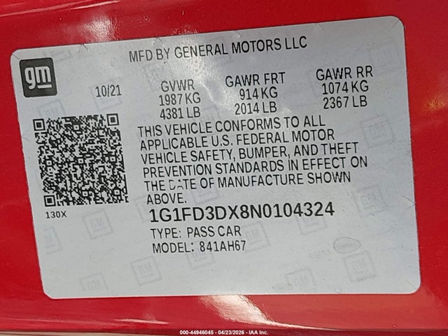 Продажа на аукционе авто 2022 Chevrolet Camaro Rwd  2lt, vin: 1G1FD3DX8N0104324, номер лота: 44946045