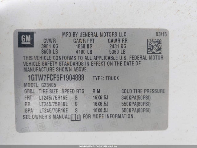 Продаж на аукціоні авто 2015 Gmc Savana 2500 Work Van, vin: 1GTW7FCF5F1904888, номер лоту: 44946047