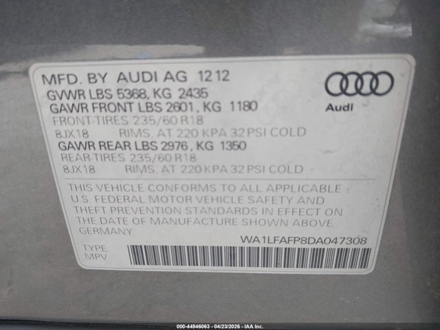 Продажа на аукционе авто 2013 Audi Q5 2.0t Premium, vin: WA1LFAFP8DA047308, номер лота: 44946063