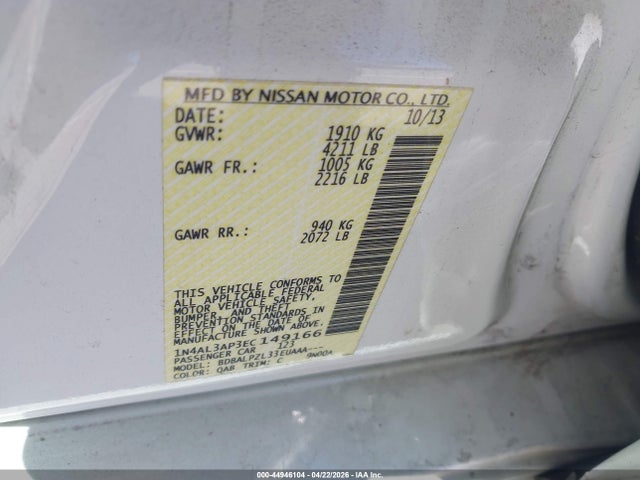 44946104 :رقم المزاد ، 1N4AL3AP3EC149166 vin ، 2014 Nissan Altima 2.5 مزاد بيع