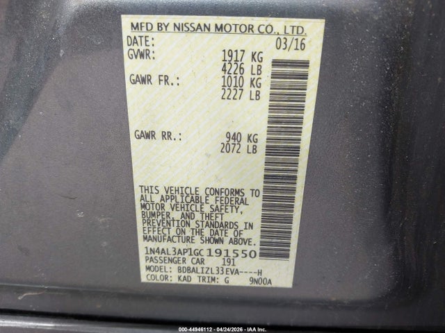 Продаж на аукціоні авто 2016 Nissan Altima 2.5 Sv, vin: 1N4AL3AP1GC191550, номер лоту: 44946112