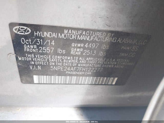 44946115 :رقم المزاد ، 5NPE24AF7FH122277 vin ، 2015 Hyundai Sonata Se مزاد بيع