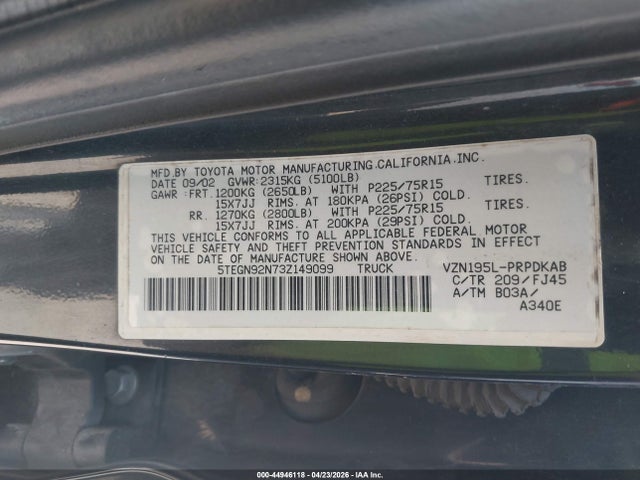 Aukcja sprzedaży 2003 Toyota Tacoma Prerunner V6, vin: 5TEGN92N73Z149099, numer aukcji: 44946118
