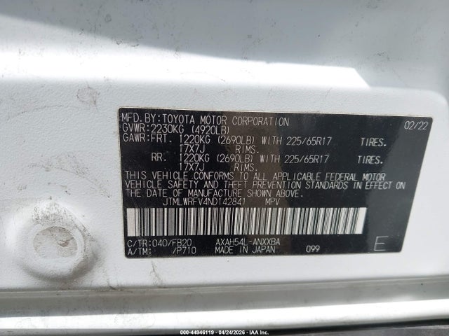 Aukcja sprzedaży 2022 Toyota Rav4 Hybrid Le, vin: JTMLWRFV4ND142841, numer aukcji: 44946119