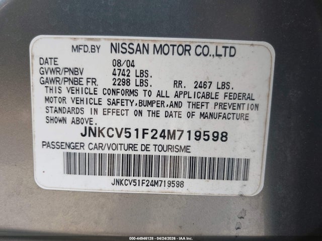 Auction sale of the 2004 Infiniti G35x, vin: JNKCV51F24M719598, lot number: 44946128