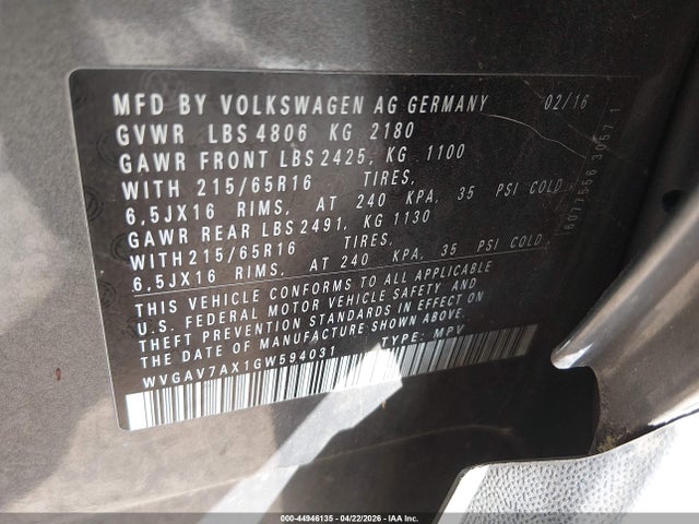 44946135 :رقم المزاد ، WVGAV7AX1GW594031 vin ، 2016 Volkswagen Tiguan S مزاد بيع