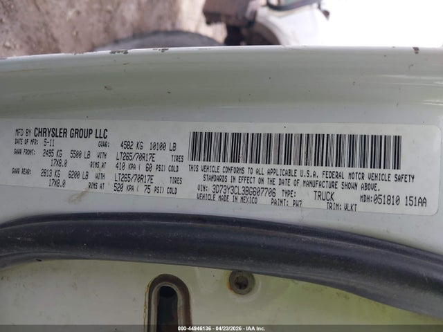 44946136 :رقم المزاد ، 3D73Y3CL3BG607706 vin ، 2011 Ram Ram 3500 Laramie مزاد بيع