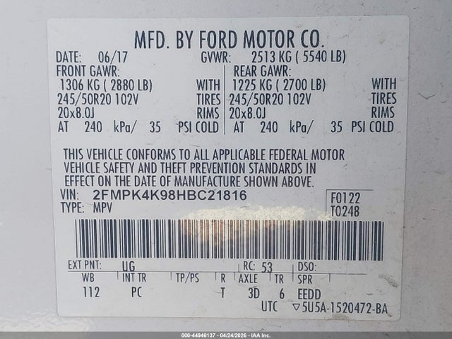 Продаж на аукціоні авто 2017 Ford Edge Titanium, vin: 2FMPK4K98HBC21816, номер лоту: 44946137
