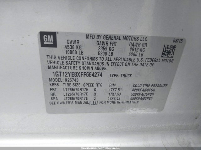 2015 Gmc Sierra 2500hd Sle მანქანა იყიდება აუქციონზე, vin: 1GT12YE8XFF664274, აუქციონის ნომერი: 44946156