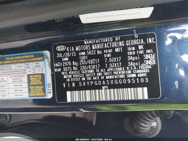 Aukcja sprzedaży 2016 Kia Sorento 3.3l Lx, vin: 5XYPGDA5XGG095103, numer aukcji: 44946167