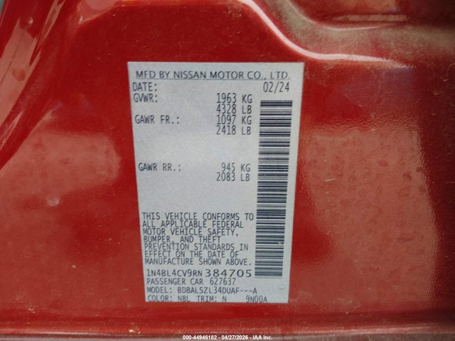 44946182 :رقم المزاد ، 1N4BL4CV9RN384705 vin ، 2024 Nissan Altima Sr Fwd مزاد بيع