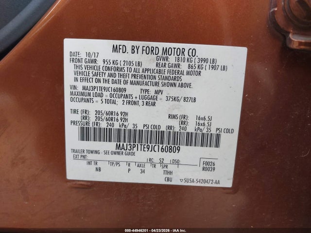 Aukcja sprzedaży 2018 Ford Ecosport Se, vin: MAJ3P1TE9JC160809, numer aukcji: 44946201