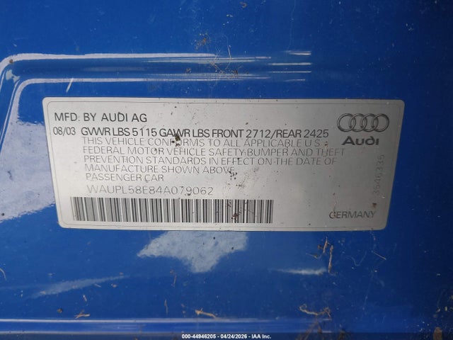 Продажа на аукционе авто 2004 Audi S4 4.2, vin: WAUPL58E84A079062, номер лота: 44946205