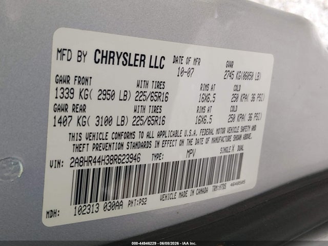 2008 Chrysler Town & Country Lx მანქანა იყიდება აუქციონზე, vin: 2A8HR44H38R623946, აუქციონის ნომერი: 44946229