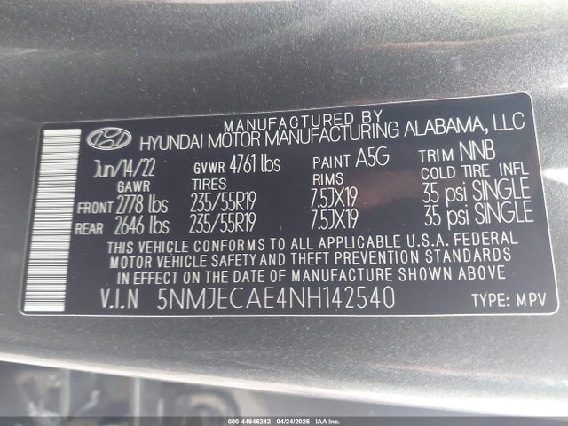 Aukcja sprzedaży 2022 Hyundai Tucson Limited, vin: 5NMJECAE4NH142540, numer aukcji: 44946242