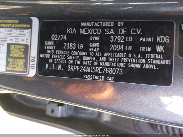 Aukcja sprzedaży 2024 Kia Forte Lxs, vin: 3KPF24AD5RE768073, numer aukcji: 44946244