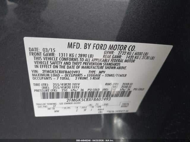 2FMGK5C8XFBA02493 Ford FLEX SEL