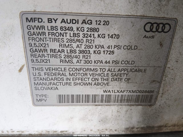 Aukcja sprzedaży 2021 Audi Q7 Premium Plus 55 Tfsi Quattro Tiptronic, vin: WA1LXAF7XMD026486, numer aukcji: 44946252