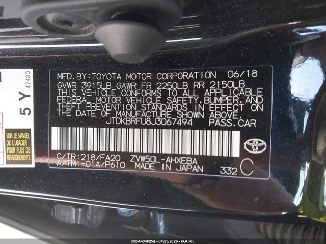 Продажа на аукционе авто 2018 Toyota Prius Two, vin: JTDKBRFU8J3067494, номер лота: 44946254