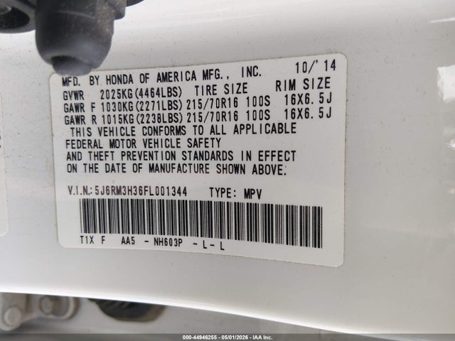 Aukcja sprzedaży 2015 Honda Cr-v Lx, vin: 5J6RM3H36FL001344, numer aukcji: 44946255