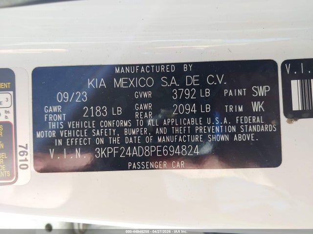 Aukcja sprzedaży 2023 Kia Forte Lxs, vin: 3KPF24AD8PE694824, numer aukcji: 44946258