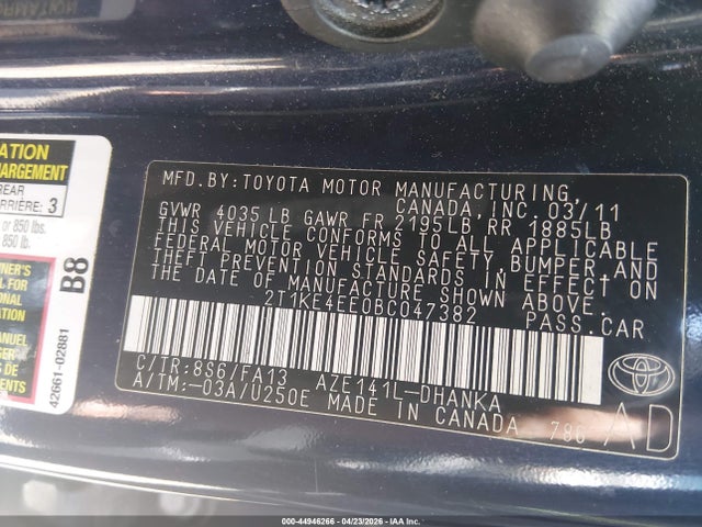 2011 Toyota Matrix S მანქანა იყიდება აუქციონზე, vin: 2T1KE4EE0BC047382, აუქციონის ნომერი: 44946266