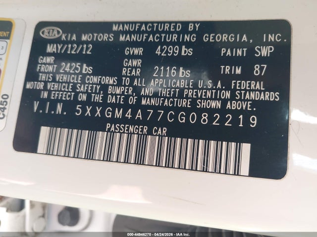 Продаж на аукціоні авто 2012 Kia Optima Lx, vin: 5XXGM4A77CG082219, номер лоту: 44946270