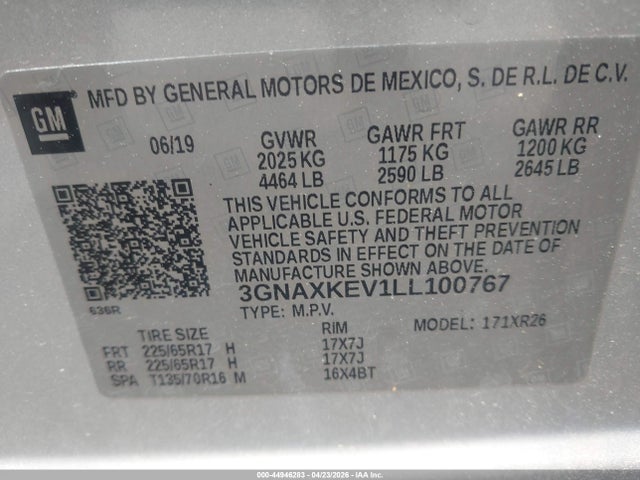 2020 Chevrolet Equinox Fwd Lt 1.5l Turbo მანქანა იყიდება აუქციონზე, vin: 3GNAXKEV1LL100767, აუქციონის ნომერი: 44946283