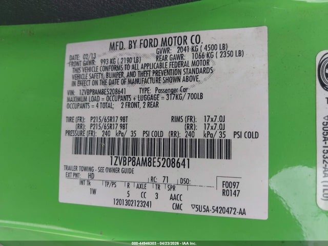 2014 Ford Mustang V6 მანქანა იყიდება აუქციონზე, vin: 1ZVBP8AM8E5208641, აუქციონის ნომერი: 44946303