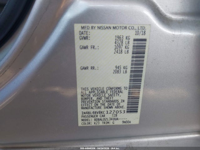 Aukcja sprzedaży 2019 Nissan Altima 2.5 S, vin: 1N4BL4BV8KC127053, numer aukcji: 44946306