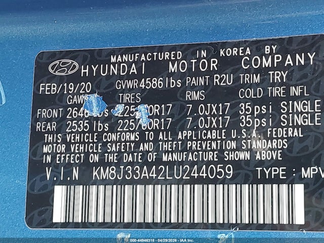 Продажа на аукционе авто 2020 Hyundai Tucson Value, vin: KM8J33A42LU244059, номер лота: 44946318
