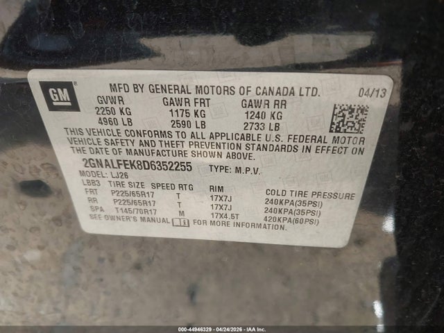 Продажа на аукционе авто 2013 Chevrolet Equinox Ltz, vin: 2GNALFEK8D6352255, номер лота: 44946329