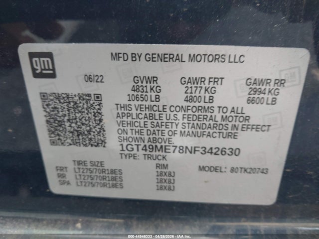 1GT49ME78NF342630 GMC Sierra 2500hd 4wd Standard Bed Sle