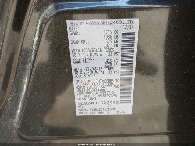 Продажа на аукционе авто 2015 Nissan Pathfinder Sl, vin: 5N1AR2MM3FC627958, номер лота: 44946359