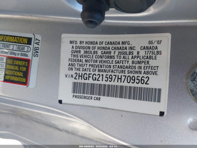 44946363 :رقم المزاد ، 2HGFG21597H709562 vin ، 2007 Honda Civic Si مزاد بيع