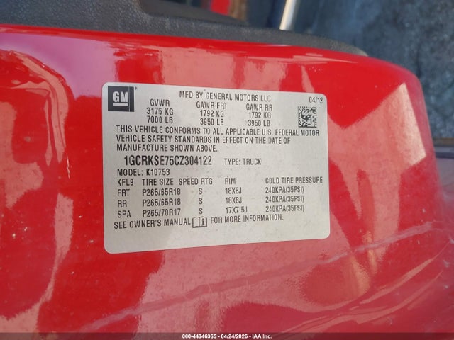 44946365 :رقم المزاد ، 1GCRKSE75CZ304122 vin ، 2012 Chevrolet Silverado 1500 Lt مزاد بيع