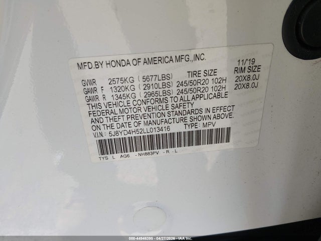Aukcja sprzedaży 2020 Acura Mdx Technology Package, vin: 5J8YD4H52LL013416, numer aukcji: 44946395