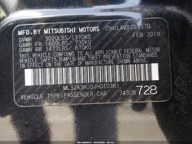 Продаж на аукціоні авто 2018 Mitsubishi Mirage Es, vin: ML32A3HJ0JH010361, номер лоту: 44946415