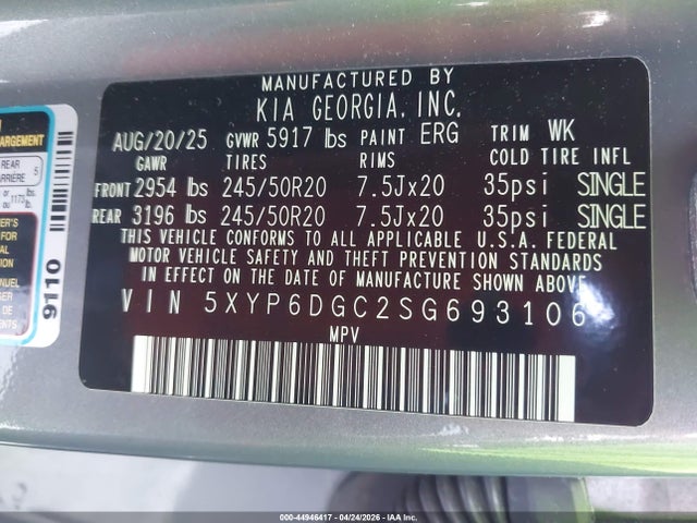 Aukcja sprzedaży 2025 Kia Telluride S, vin: 5XYP6DGC2SG693106, numer aukcji: 44946417