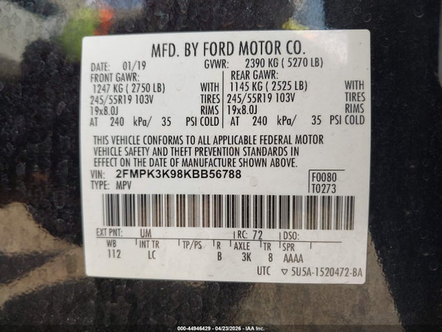 Продаж на аукціоні авто 2019 Ford Edge Titanium, vin: 2FMPK3K98KBB56788, номер лоту: 44946429