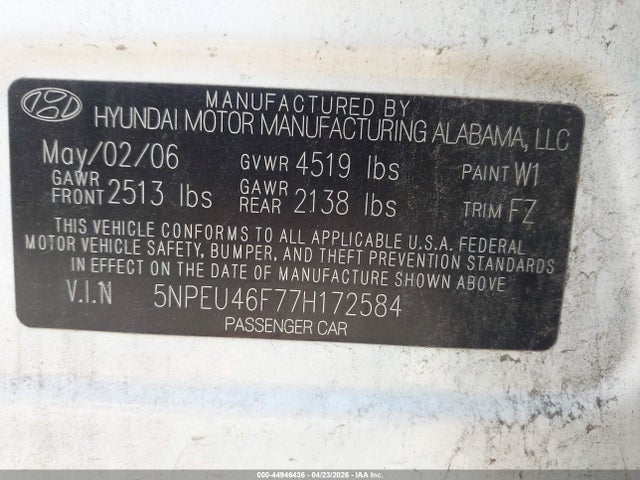 44946436 :رقم المزاد ، 5NPEU46F77H172584 vin ، 2007 Hyundai Sonata Limited/se V6 مزاد بيع