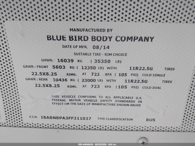 Blue Bird School Bus / Transit Bus 2015 1BABNBPA3FF311037 Image 9