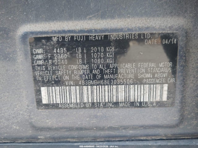 Aukcja sprzedaży 2014 Subaru Legacy 2.5 I Sport, vin: 4S3BMBH68E3035506, numer aukcji: 44946440