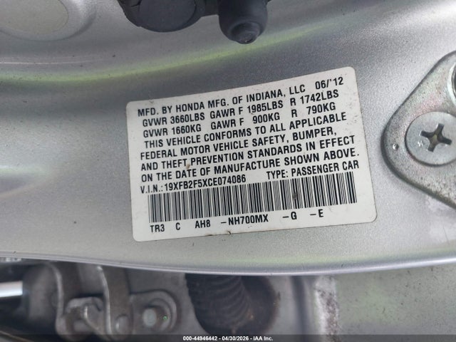 Продажа на аукционе авто 2012 Honda Civic Lx, vin: 19XFB2F5XCE074086, номер лота: 44946442