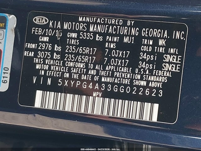 Aukcja sprzedaży 2016 Kia Sorento 2.4l Lx, vin: 5XYPG4A33GG022623, numer aukcji: 44946443