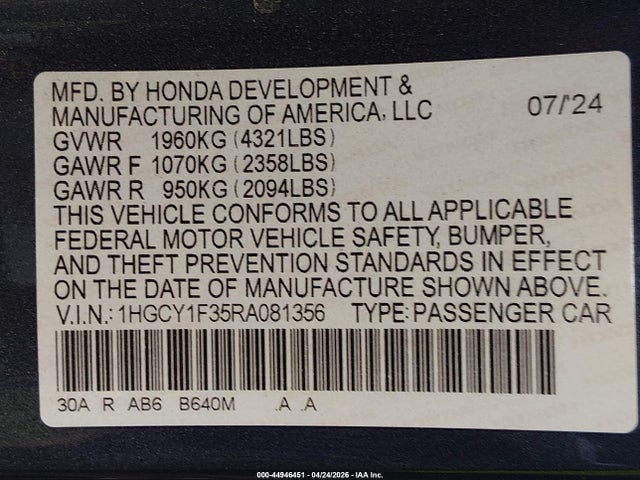 1HGCY1F35RA081356 Honda ACCORD EX