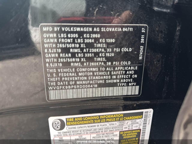 2011 Volkswagen Touareg Tdi Lux მანქანა იყიდება აუქციონზე, vin: WVGFK9BP5BD006418, აუქციონის ნომერი: 44946452