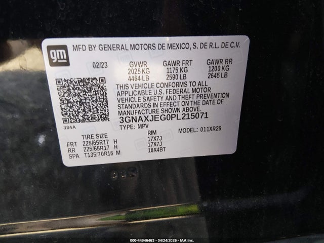 Продажа на аукционе авто 2023 Chevrolet Equinox Lt, vin: 3GNAXJEG0PL215071, номер лота: 44946463