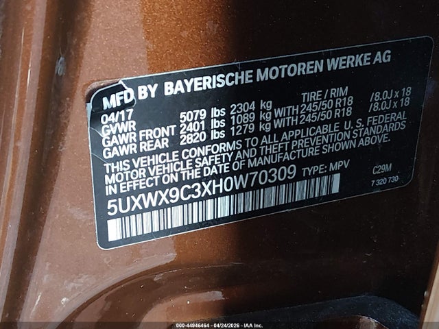 Продаж на аукціоні авто 2017 Bmw X3 Xdrive28i, vin: 5UXWX9C3XH0W70309, номер лоту: 44946464