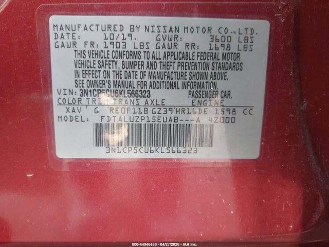 Aukcja sprzedaży 2019 Nissan Kicks Sr, vin: 3N1CP5CU6KL566323, numer aukcji: 44946466